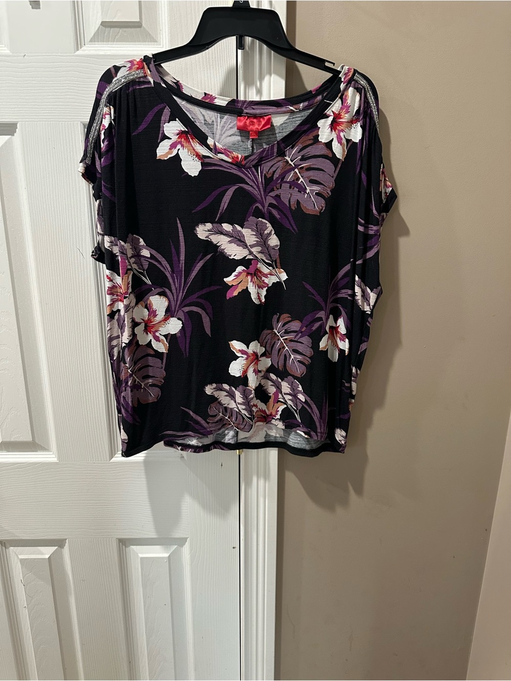 Jennifer Lopez Black Scoop Neck Top with Purple & White Floral Print